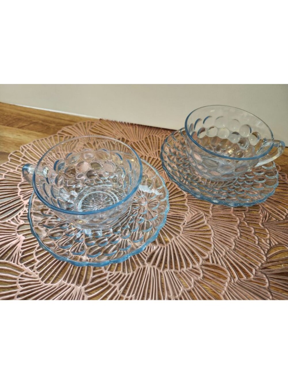 Bubble Blue Tint Vintage Anchor Hocking Glass Teacups & Saucers